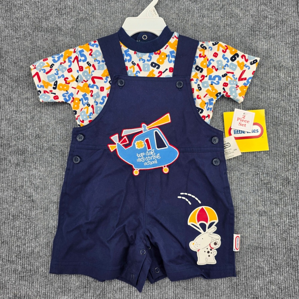 Little Tikes Baby Boys 2 PC Set Navy Blue Helicopter Overalls Numbers Shirt NOS
